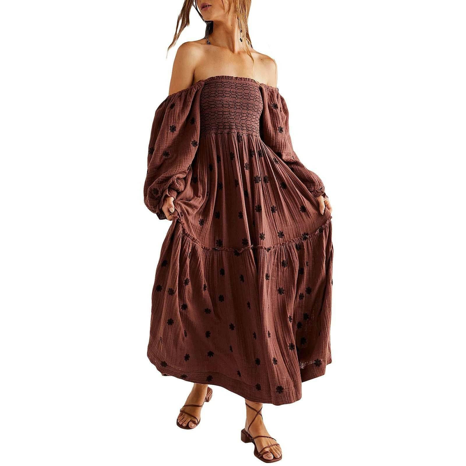 🌺 Robe longue à fleurs brodées 3D – Col carré & manches bouffantes - Legeekshop