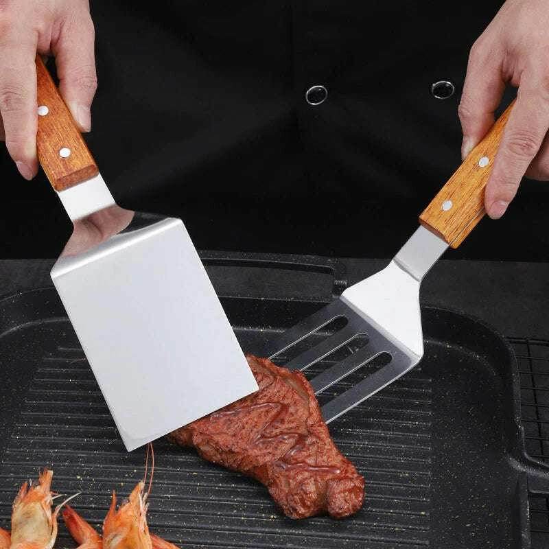 🍳 Spatule Professionnelle Inox & Bois – Pour Steak, Crêpes & Teppanyaki - Legeekshop