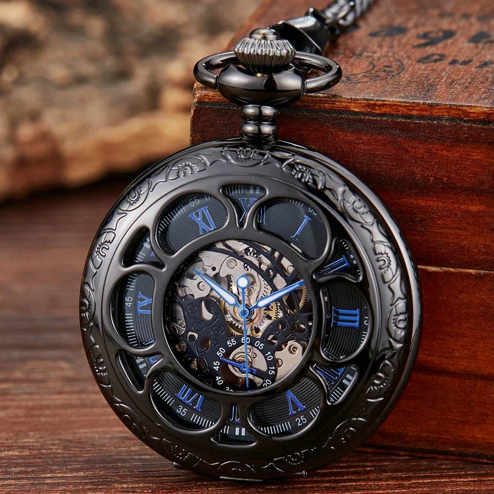 Montre de Poche Mécanique de Luxe à Chiffres Romains pour Homme, Gravé, Boîtier en Argent, Steampunk | Wayne Outfitters - Legeekshop