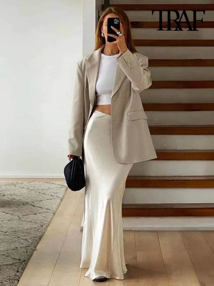 Jupe Mi-Longue Satin Fluide pour Femme, Taille Haute, Ceinture Élastique | ASDS | Wayne Outfitters - Legeekshop