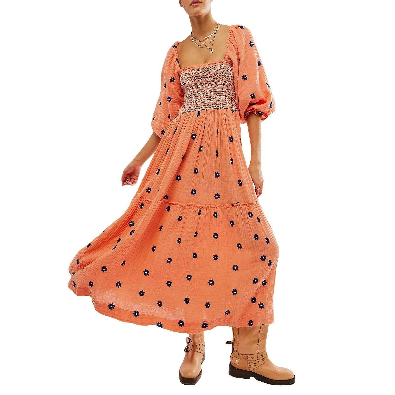 🌺 Robe longue à fleurs brodées 3D – Col carré & manches bouffantes - Legeekshop