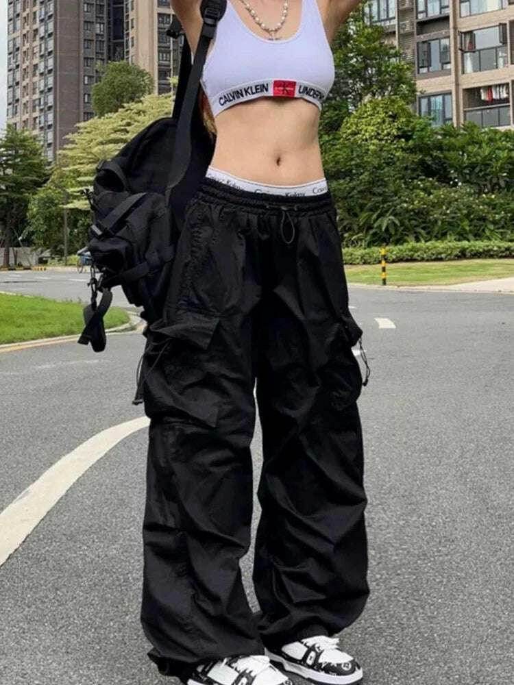 Pantalon de survêtement baggy à jambes larges pour femmes, pantalon noir parachute Y2K, Streetwear Hiphelicopter, poches surdimensionnées, Cargo FjHarajuku | Wayne Outfitters - Legeekshop