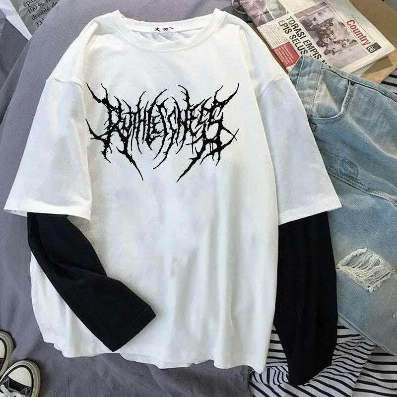 T-shirt à col rond imprimé pour femme, haut à manches longues, chemise d'extérieur, mince, style sombre punk, mode sport, Harajuku, Y2K | Wayne Outfitters - Legeekshop