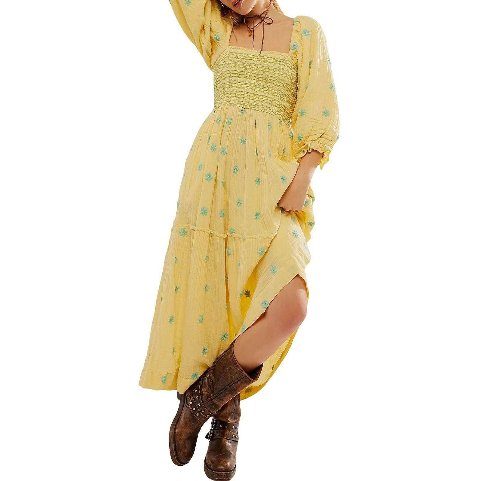 🌺 Robe longue à fleurs brodées 3D – Col carré & manches bouffantes - Legeekshop