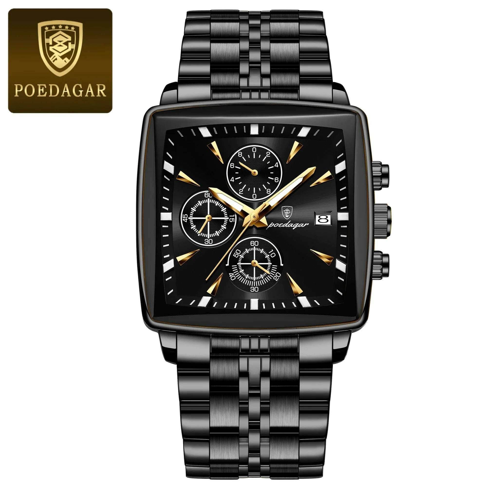 Montre-bracelet de sport carrée de luxe pour homme, chronographe étanche, montre à quartz en acier inoxydable | POEDAGAR - Legeekshop