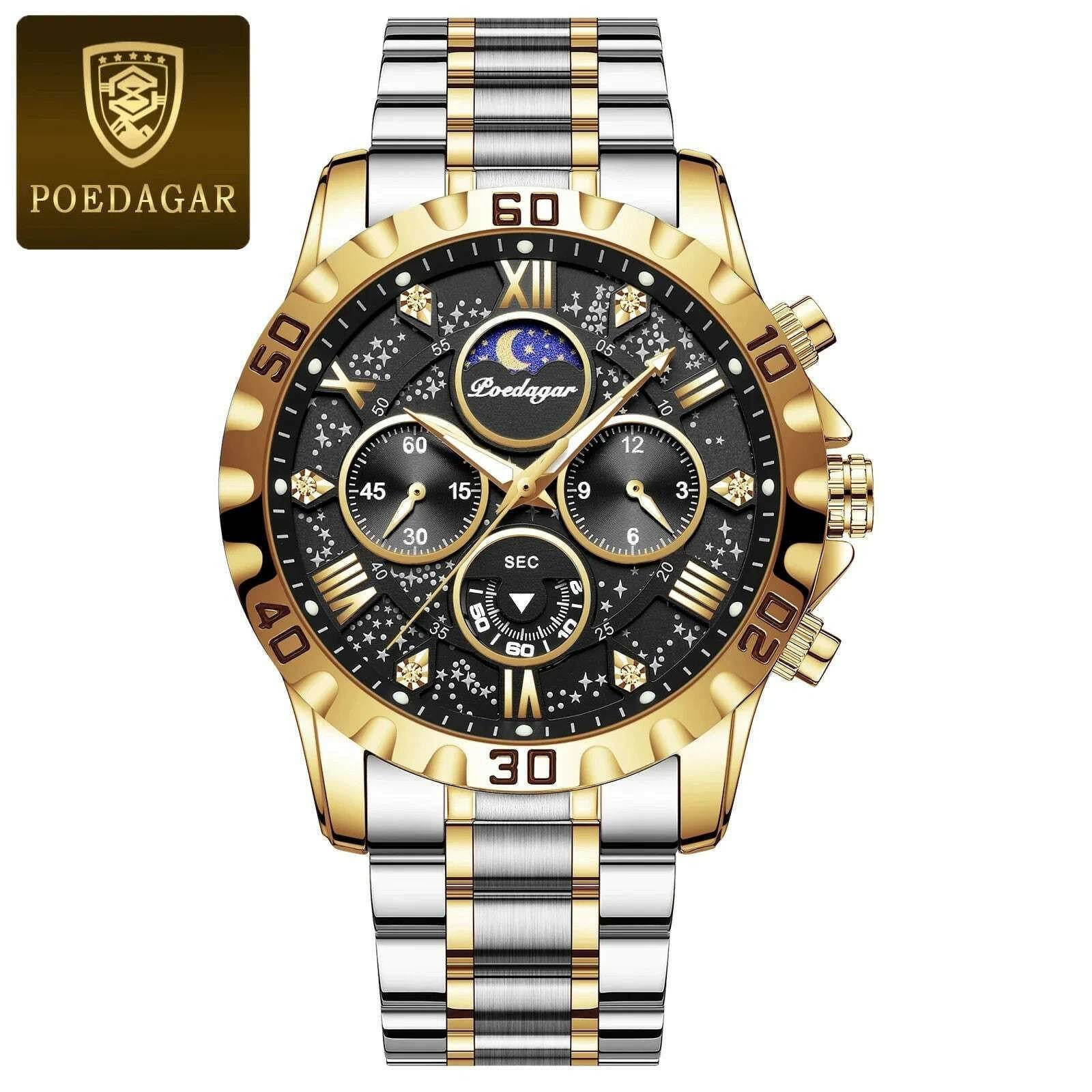 Montre de sport à quartz de luxe pour homme, étanche, Shoous, acier inoxydable, chronographe, horloge | POEDAGAR - Legeekshop