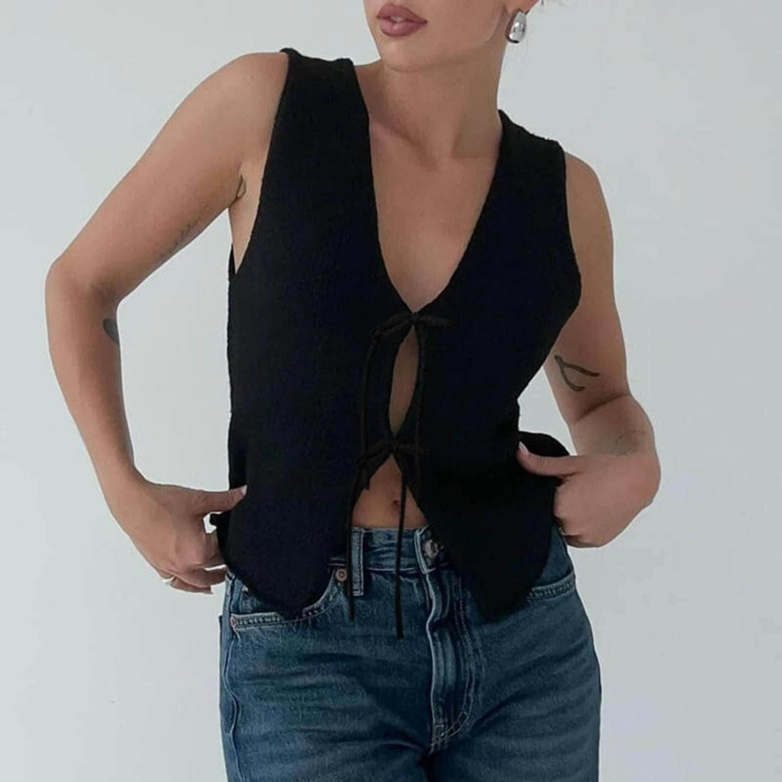 🧶 Pull gilet tricoté Y2K – Débardeur sans manches avec nœud papillon - Legeekshop