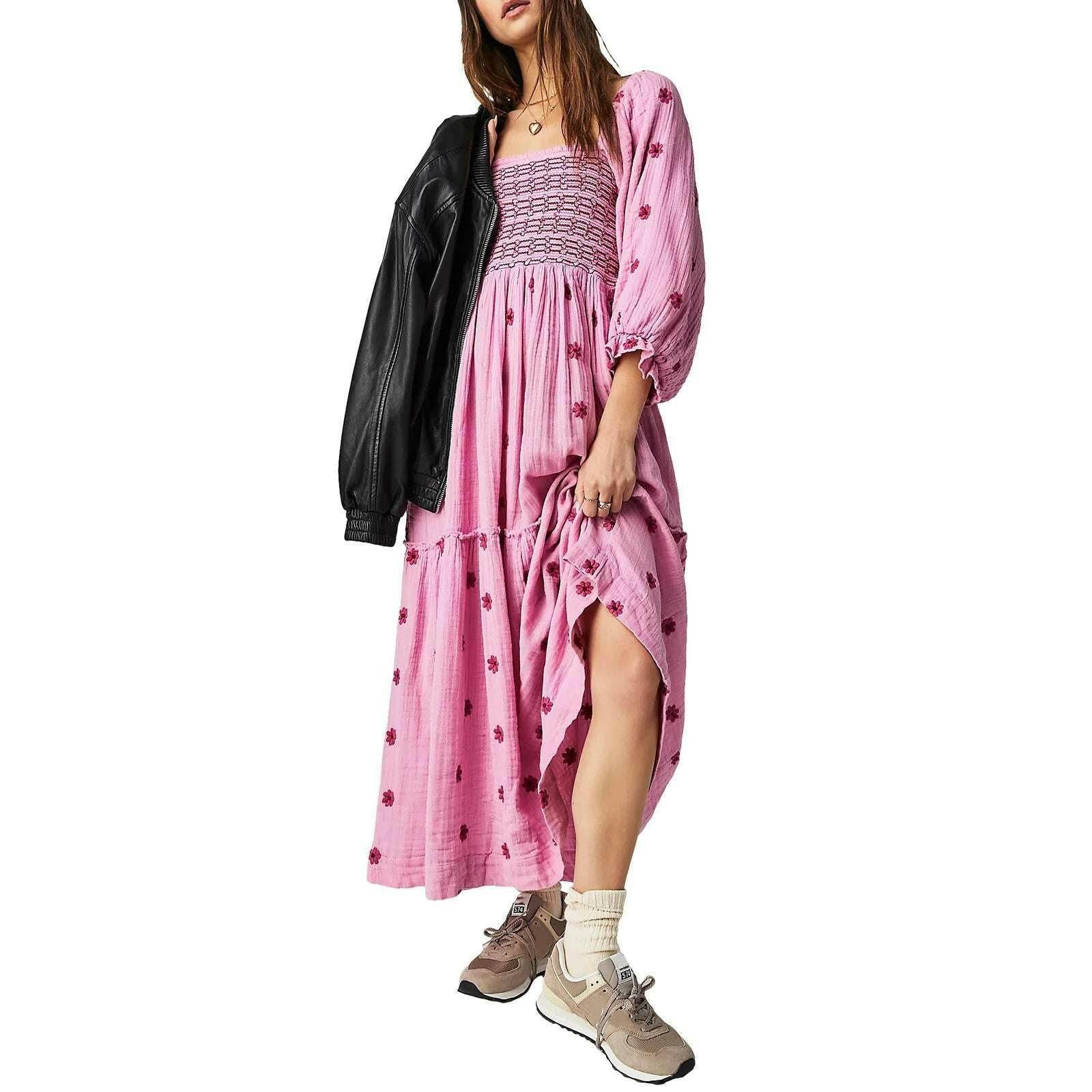 🌺 Robe longue à fleurs brodées 3D – Col carré & manches bouffantes - Legeekshop