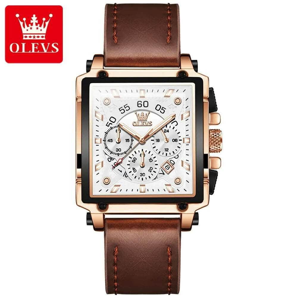 Montre à quartz carrée étanche avec bracelet en cuir pour homme, chronographe et fonction calendrier, marque supérieure | OLEVS - Legeekshop