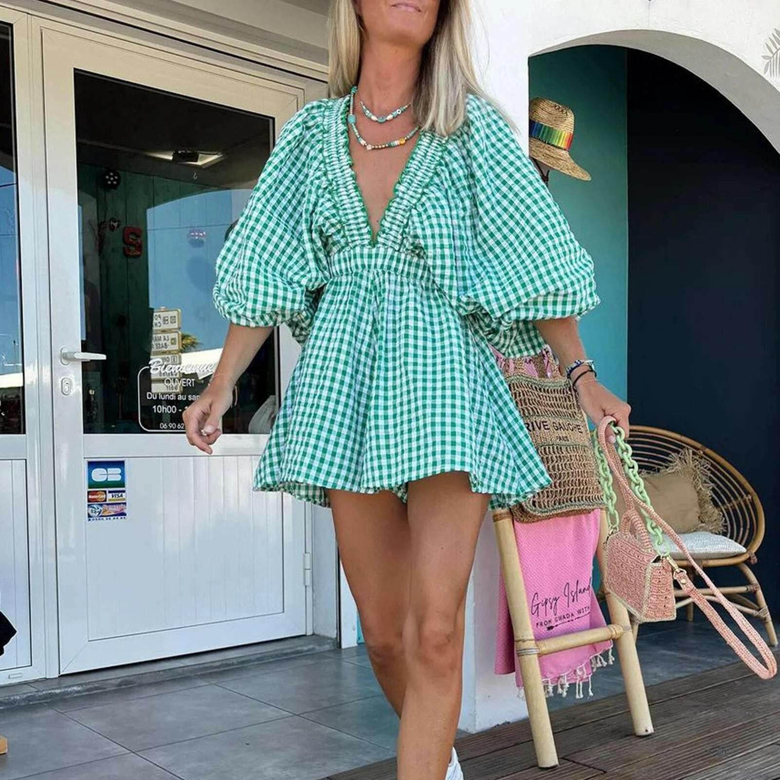 🌸 Combinaison courte d'été – Manches bouffantes & col V profond - Legeekshop