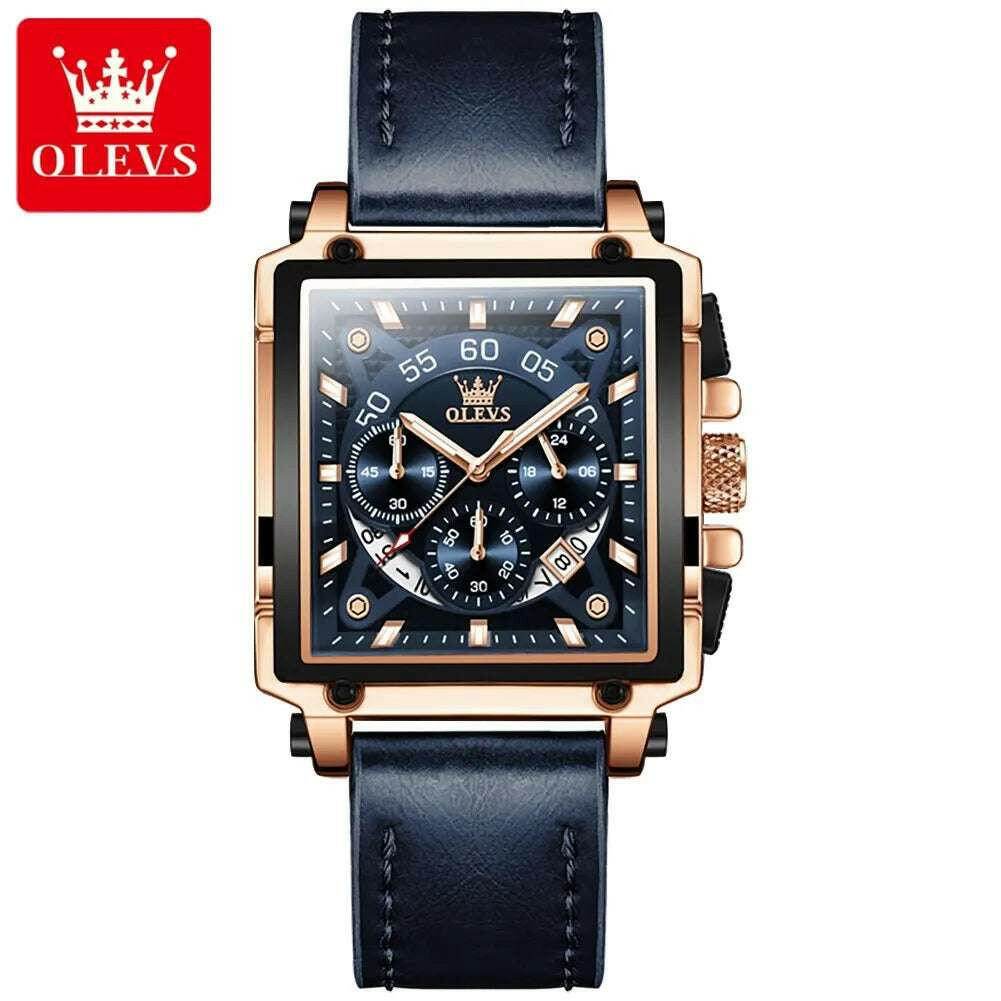 Montre à quartz carrée étanche avec bracelet en cuir pour homme, chronographe et fonction calendrier, marque supérieure | OLEVS - Legeekshop