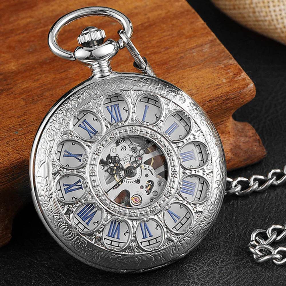Montre de Poche Mécanique de Luxe à Chiffres Romains pour Homme, Gravé, Boîtier en Argent, Steampunk | Wayne Outfitters - Legeekshop
