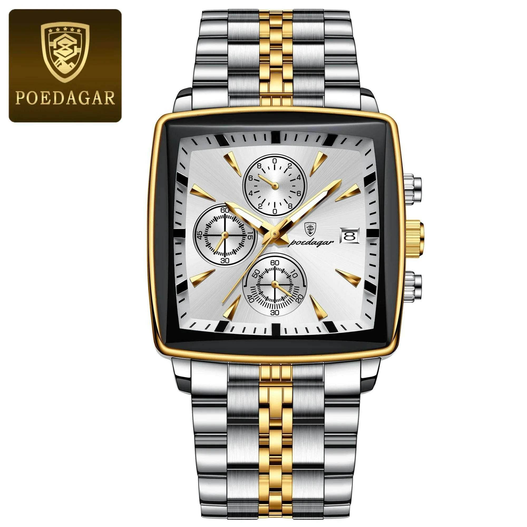 Montre-bracelet de sport carrée de luxe pour homme, chronographe étanche, montre à quartz en acier inoxydable | POEDAGAR - Legeekshop