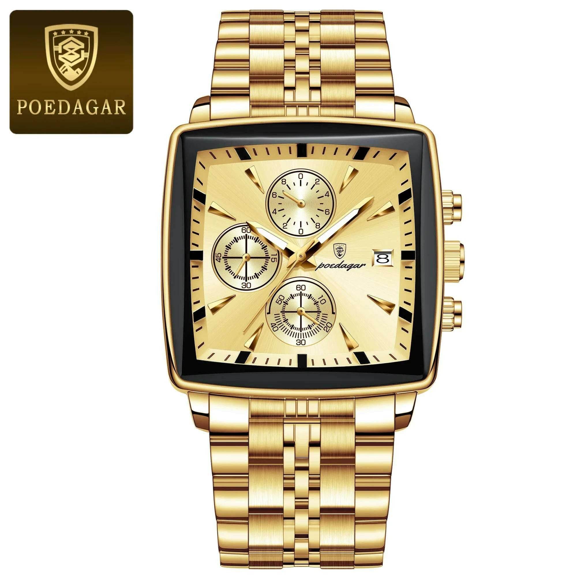 Montre-bracelet de sport carrée de luxe pour homme, chronographe étanche, montre à quartz en acier inoxydable | POEDAGAR - Legeekshop
