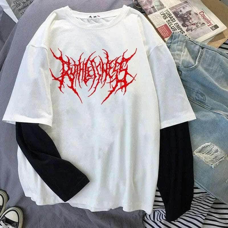 T-shirt à col rond imprimé pour femme, haut à manches longues, chemise d'extérieur, mince, style sombre punk, mode sport, Harajuku, Y2K | Wayne Outfitters - Legeekshop