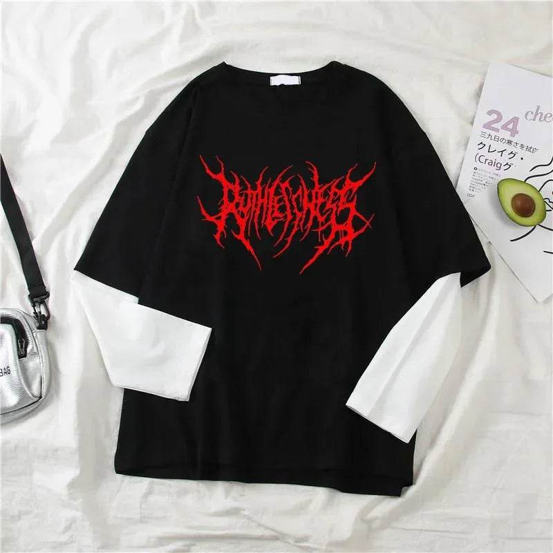 T-shirt à col rond imprimé pour femme, haut à manches longues, chemise d'extérieur, mince, style sombre punk, mode sport, Harajuku, Y2K | Wayne Outfitters - Legeekshop
