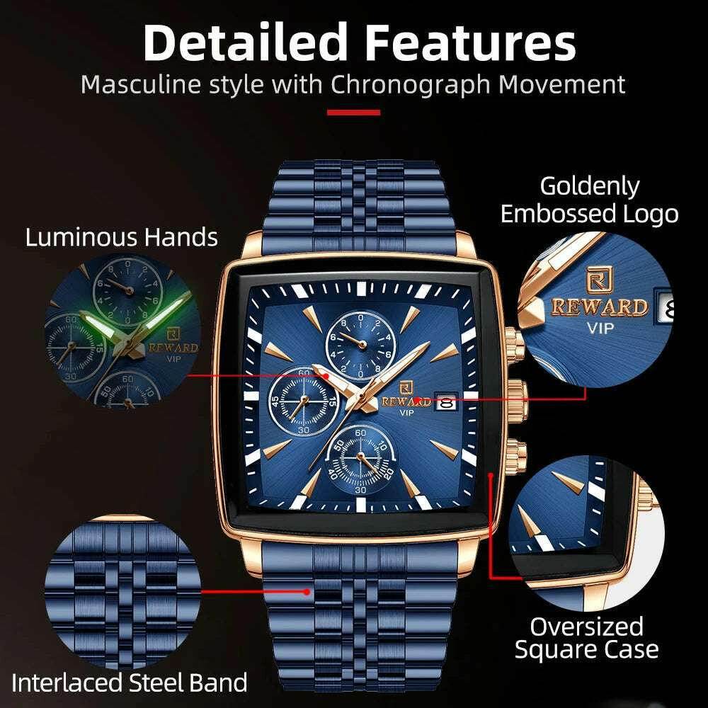 🕶️ REWARD – Montre Homme Quartz Rectangle Bleue Étanche Luxe - Legeekshop