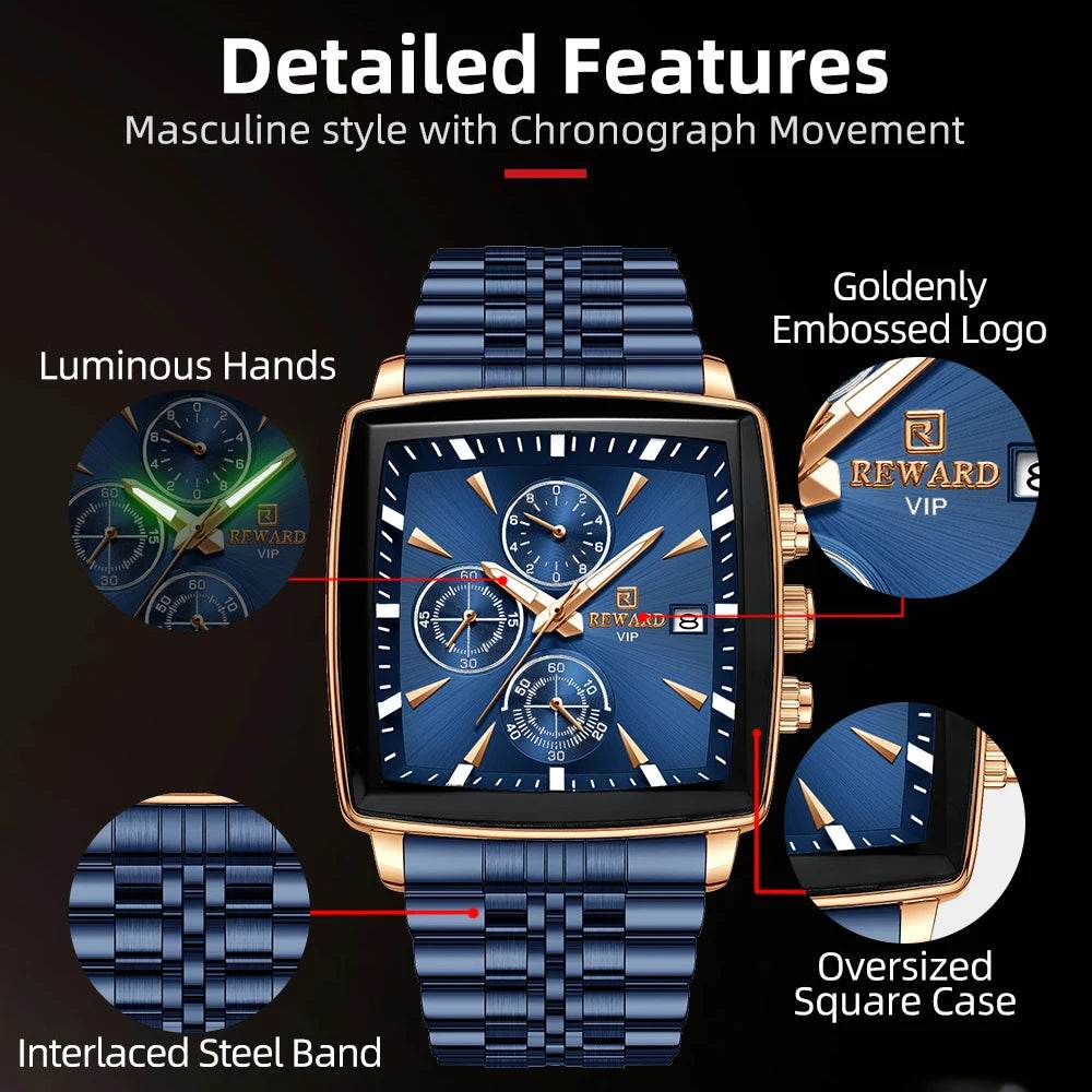 🕶️ REWARD – Montre Homme Quartz Rectangle Bleue Étanche Luxe - Legeekshop