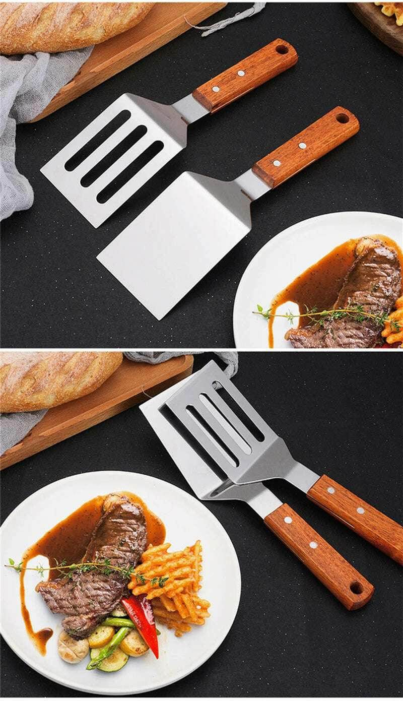 🍳 Spatule Professionnelle Inox & Bois – Pour Steak, Crêpes & Teppanyaki - Legeekshop