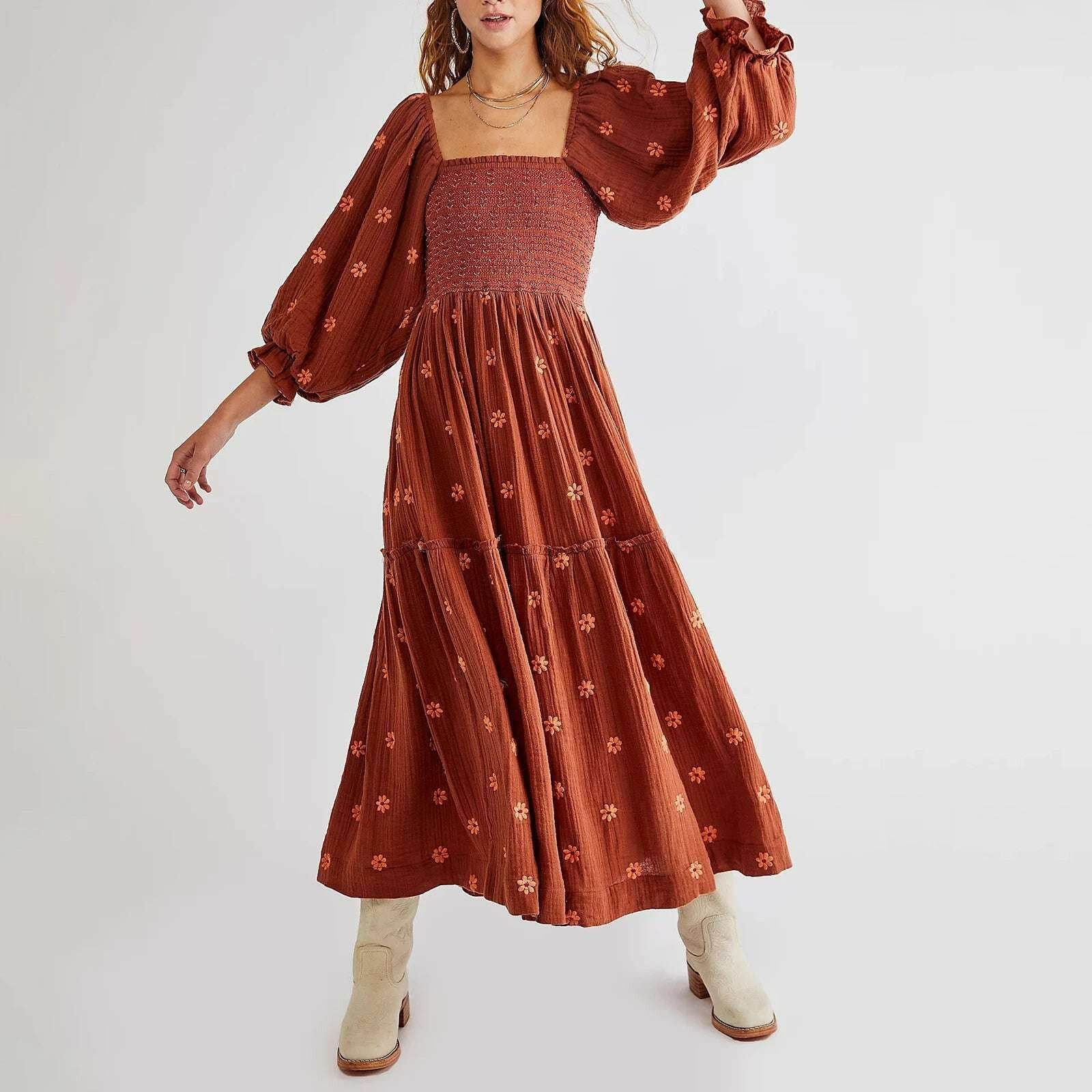 🌺 Robe longue à fleurs brodées 3D – Col carré & manches bouffantes - Legeekshop