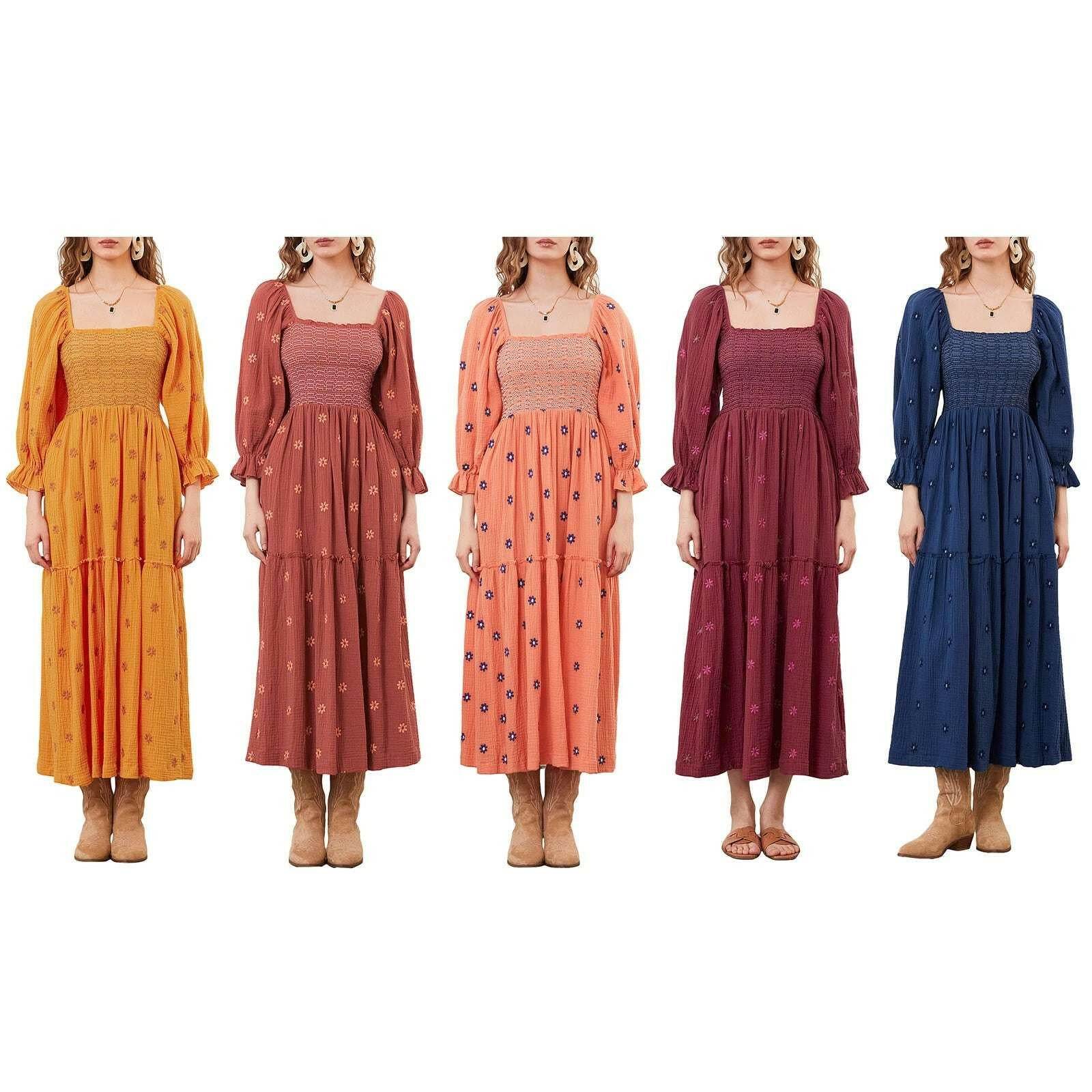 🌺 Robe longue à fleurs brodées 3D – Col carré & manches bouffantes - Legeekshop