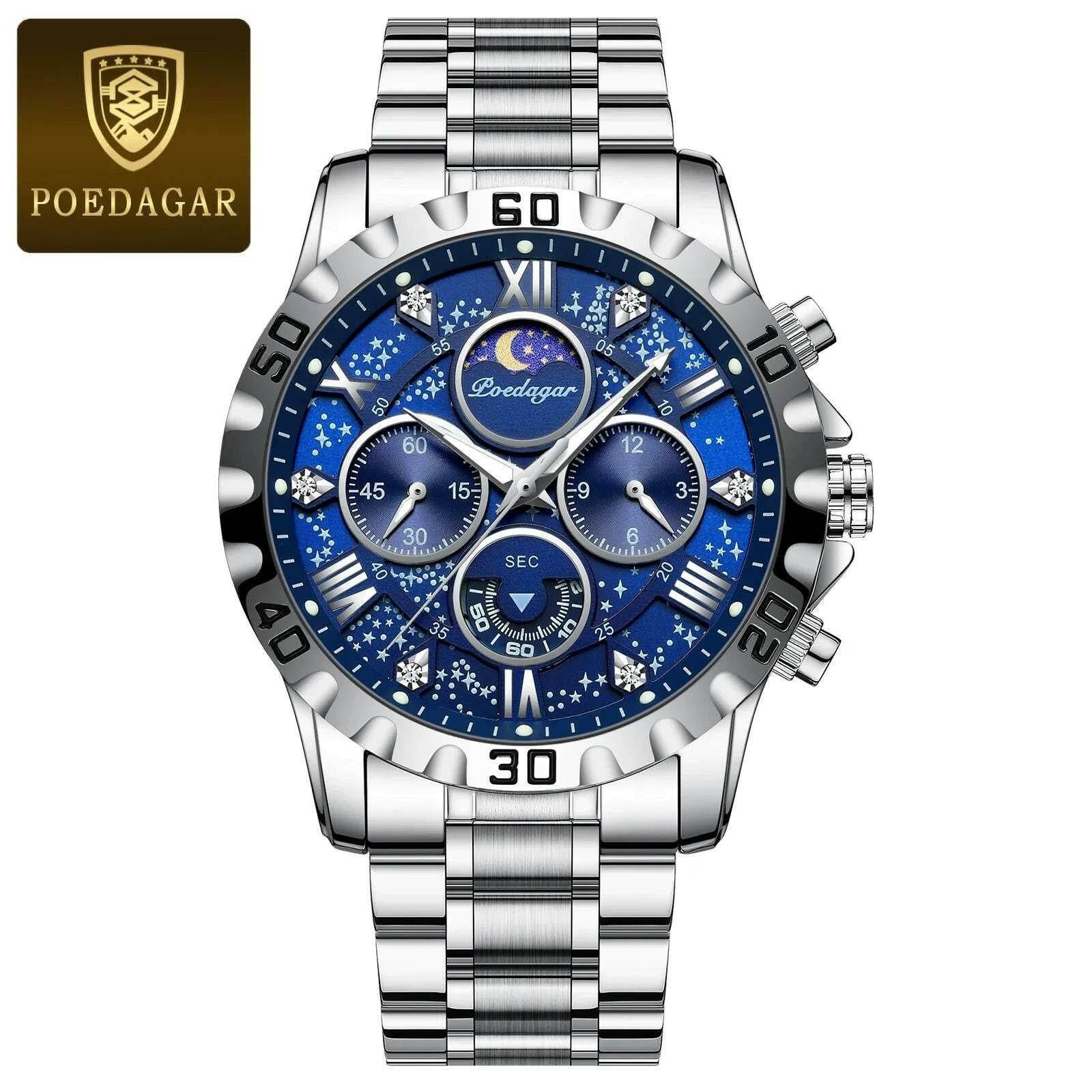 Montre de sport à quartz de luxe pour homme, étanche, Shoous, acier inoxydable, chronographe, horloge | POEDAGAR - Legeekshop