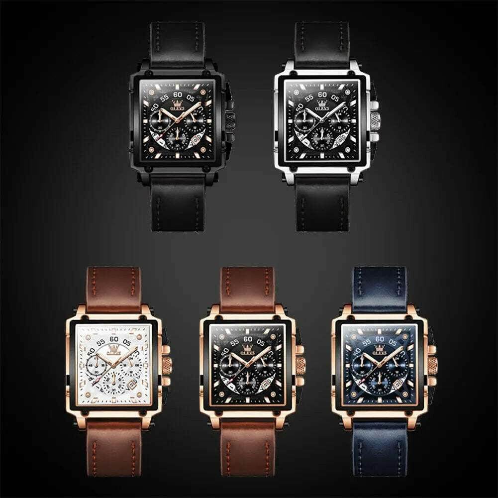 Montre à quartz carrée étanche avec bracelet en cuir pour homme, chronographe et fonction calendrier, marque supérieure | OLEVS - Legeekshop
