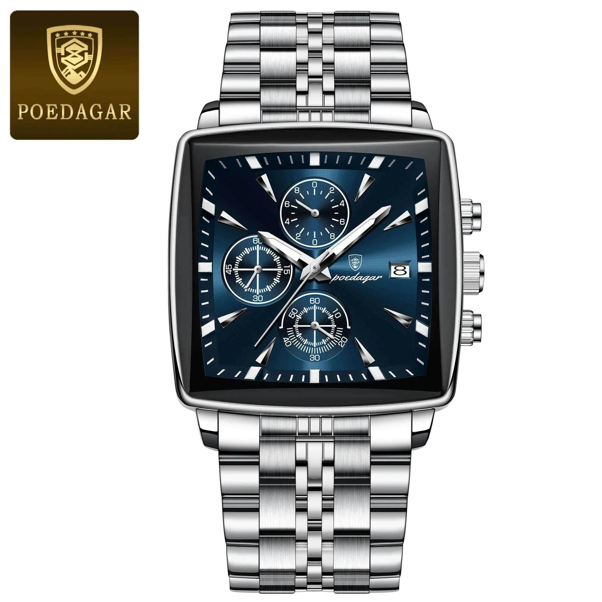 Montre-bracelet de sport carrée de luxe pour homme, chronographe étanche, montre à quartz en acier inoxydable | POEDAGAR - Legeekshop