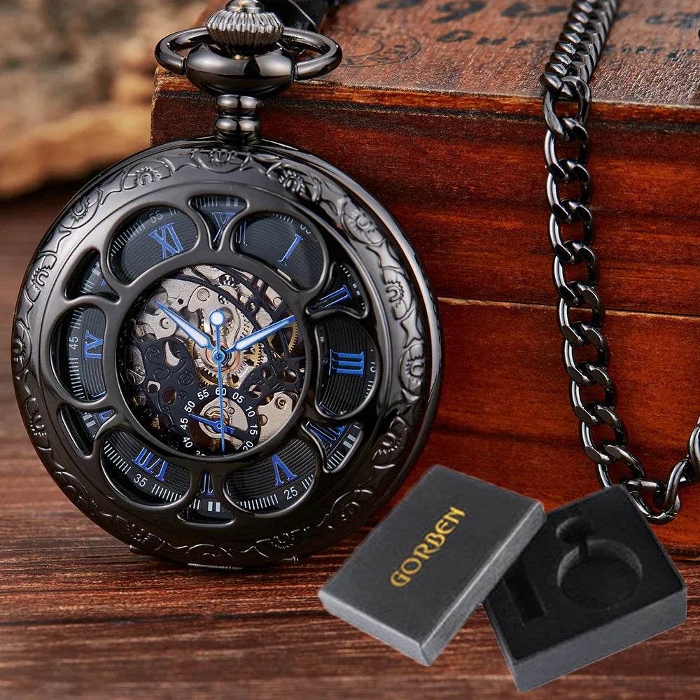 Montre de Poche Mécanique de Luxe à Chiffres Romains pour Homme, Gravé, Boîtier en Argent, Steampunk | Wayne Outfitters - Legeekshop