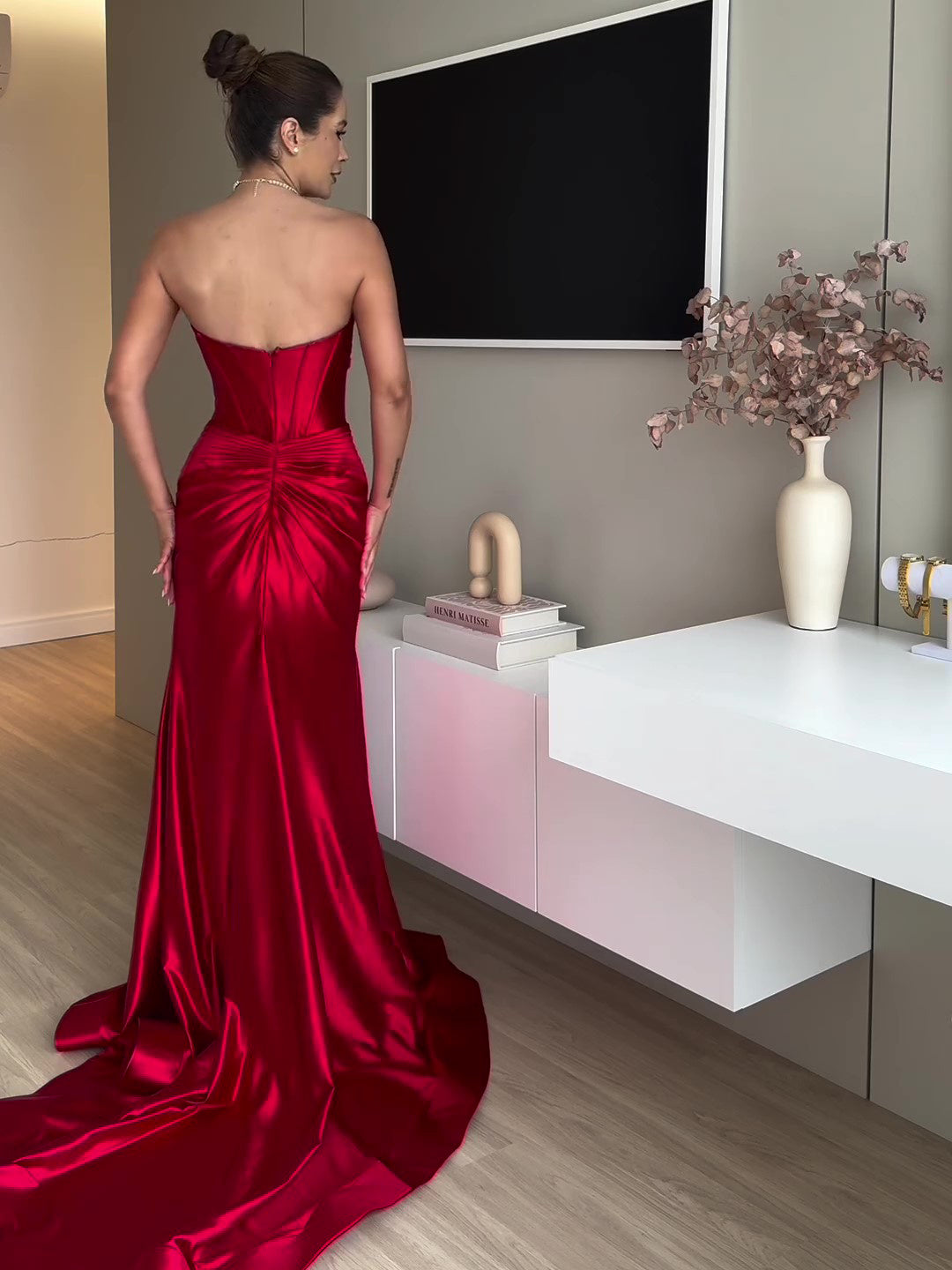 Robe Soirée Longue Rouge Bustier Fendue Élégante