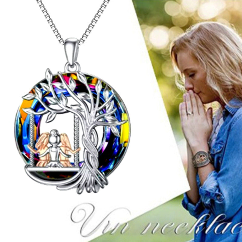 Collier Pendentif Arbre Vie Trois Sœurs Cristaux Colorés