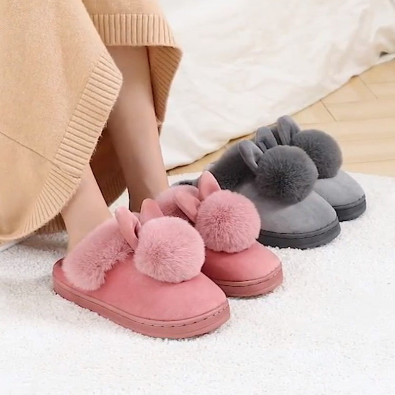 Chaussons Maison Oreilles Lapin Pompons Peluche Coton