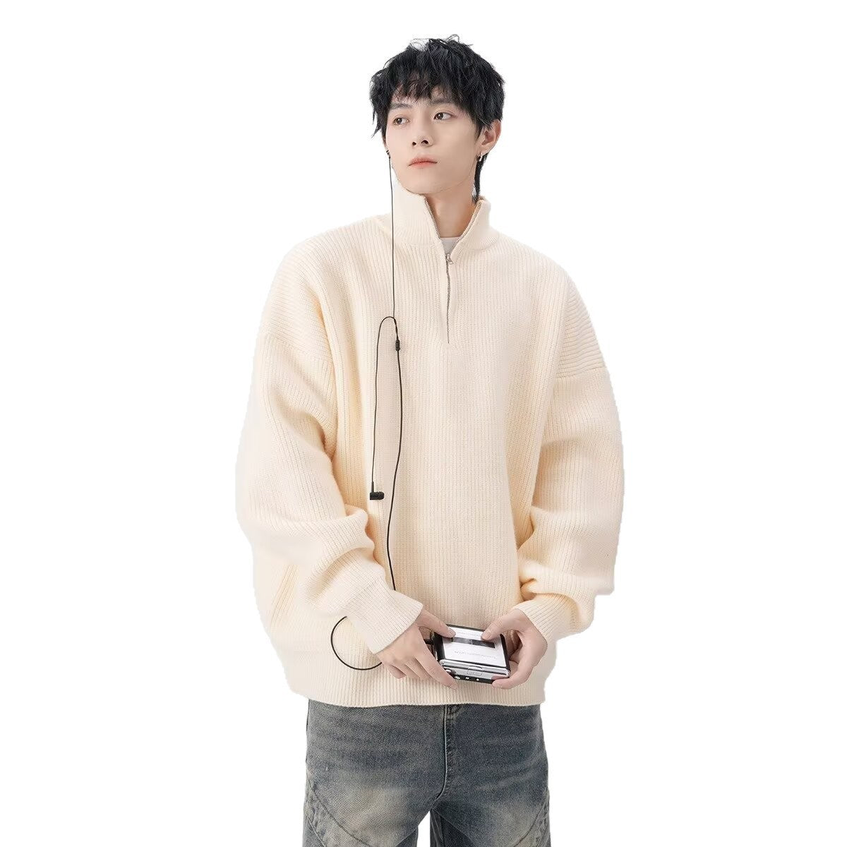 Pull Homme Demi-Zip Destroyed Loose Style Américain