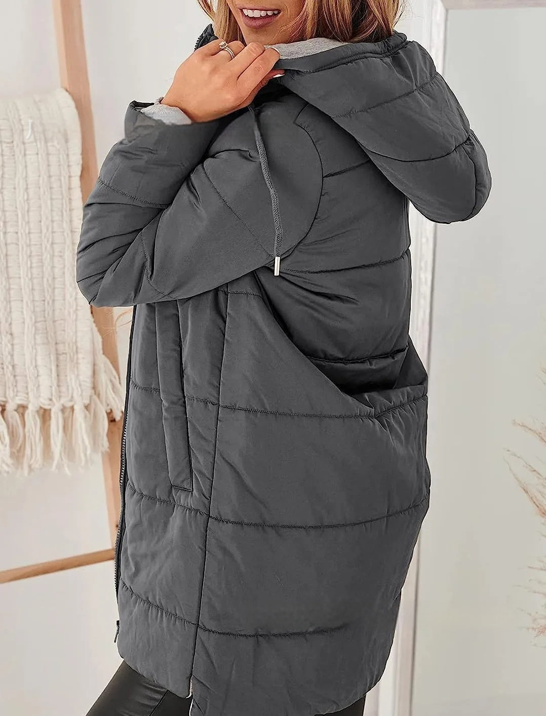 Veste Longue Femme Capuche Poches Coton Loose