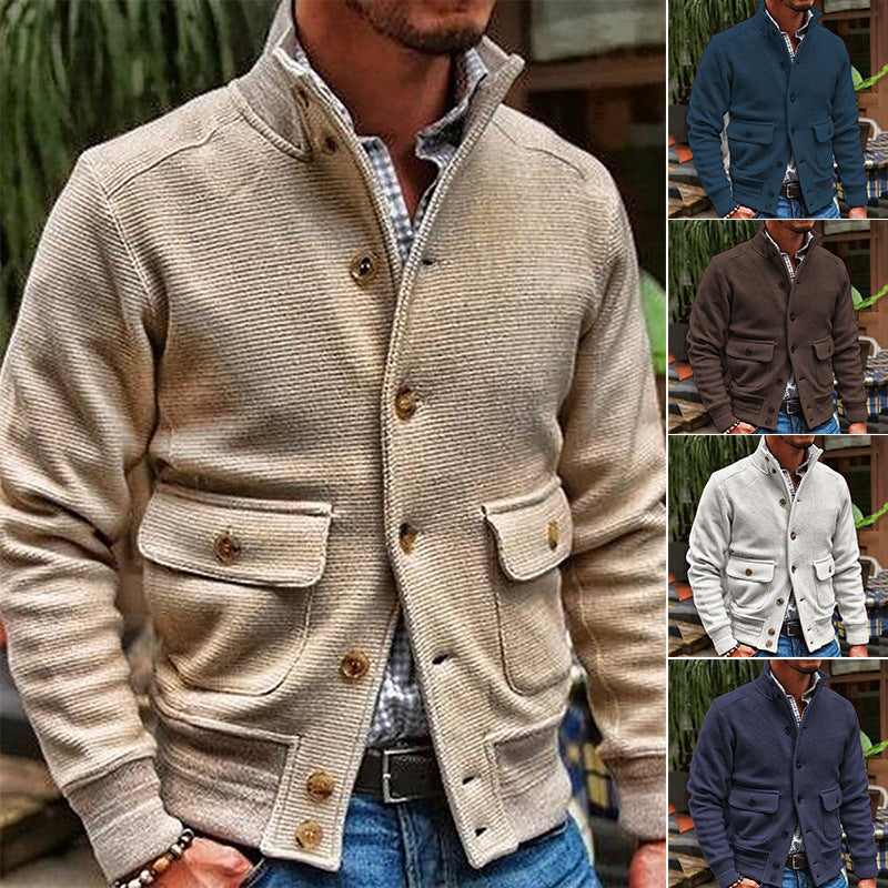 Veste Homme Col Montant Tricot Couleur Unie Décontractée Polyester