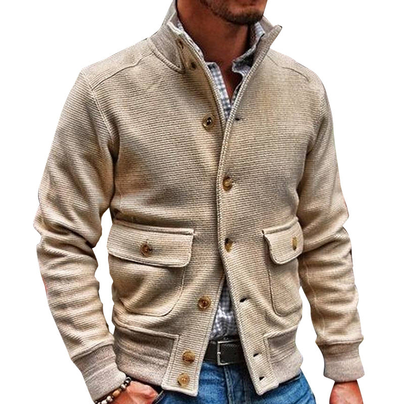Veste Homme Col Montant Tricot Couleur Unie Décontractée Polyester