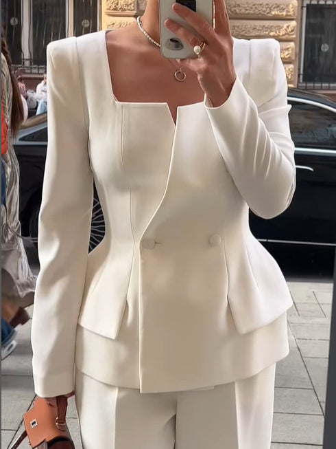 Blazer Femme Deux Boutons Col Carré Couleur Unie