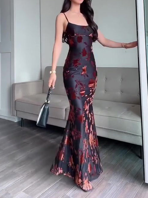 Robe Maxi Floquée Bretelles Sexy Slim Fit