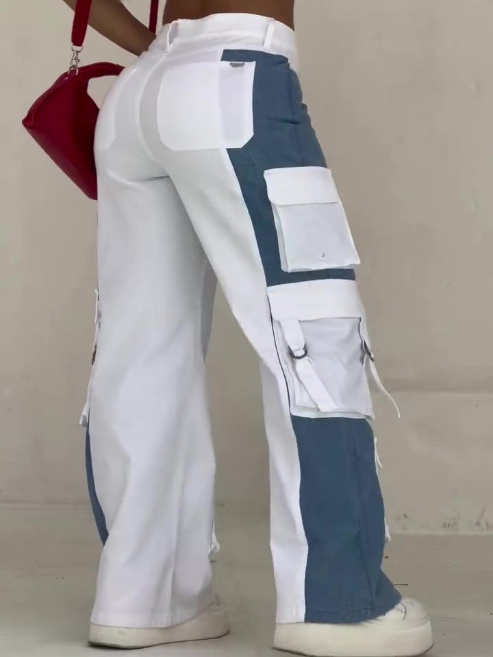 Jean Cargo Poches Contrastées Patchwork Élégant