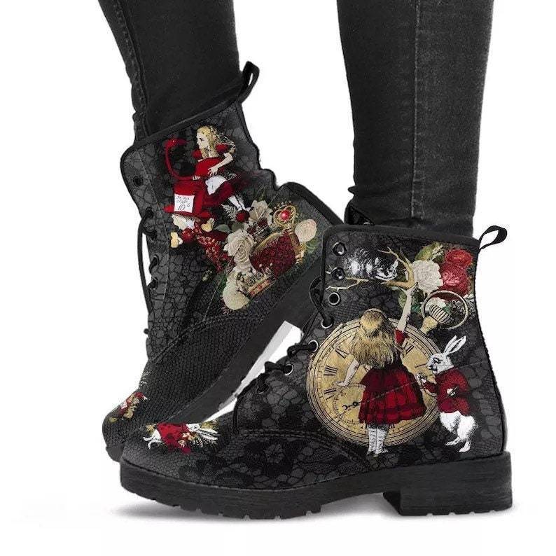 Bottes Combat Gothiques Cuir Vegan Imprimé Punk Martin