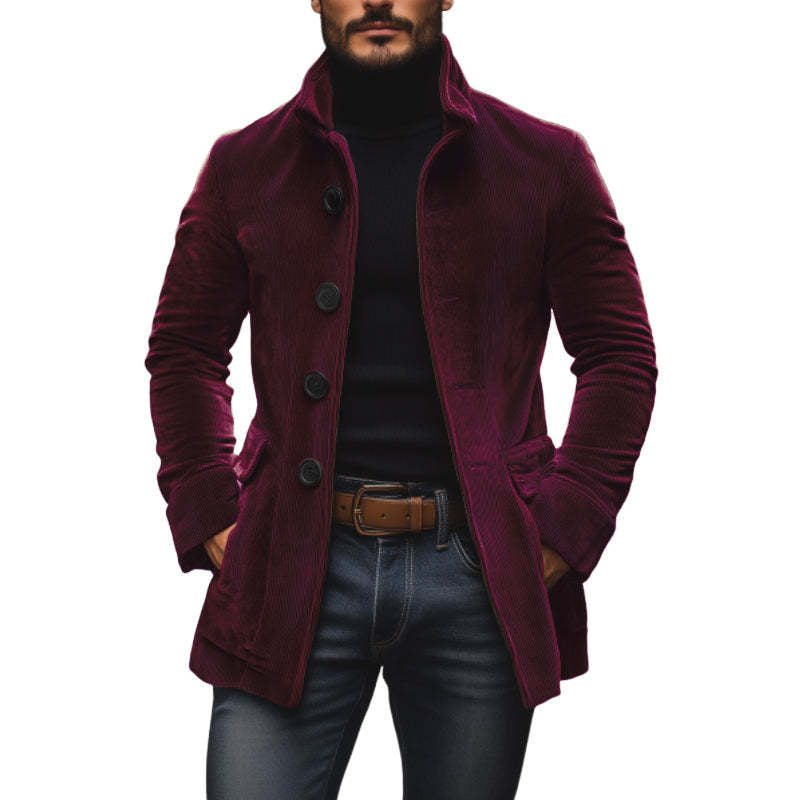 Blazer Homme Col Montant Velours Côtelé Boutons Poches Slim Fit