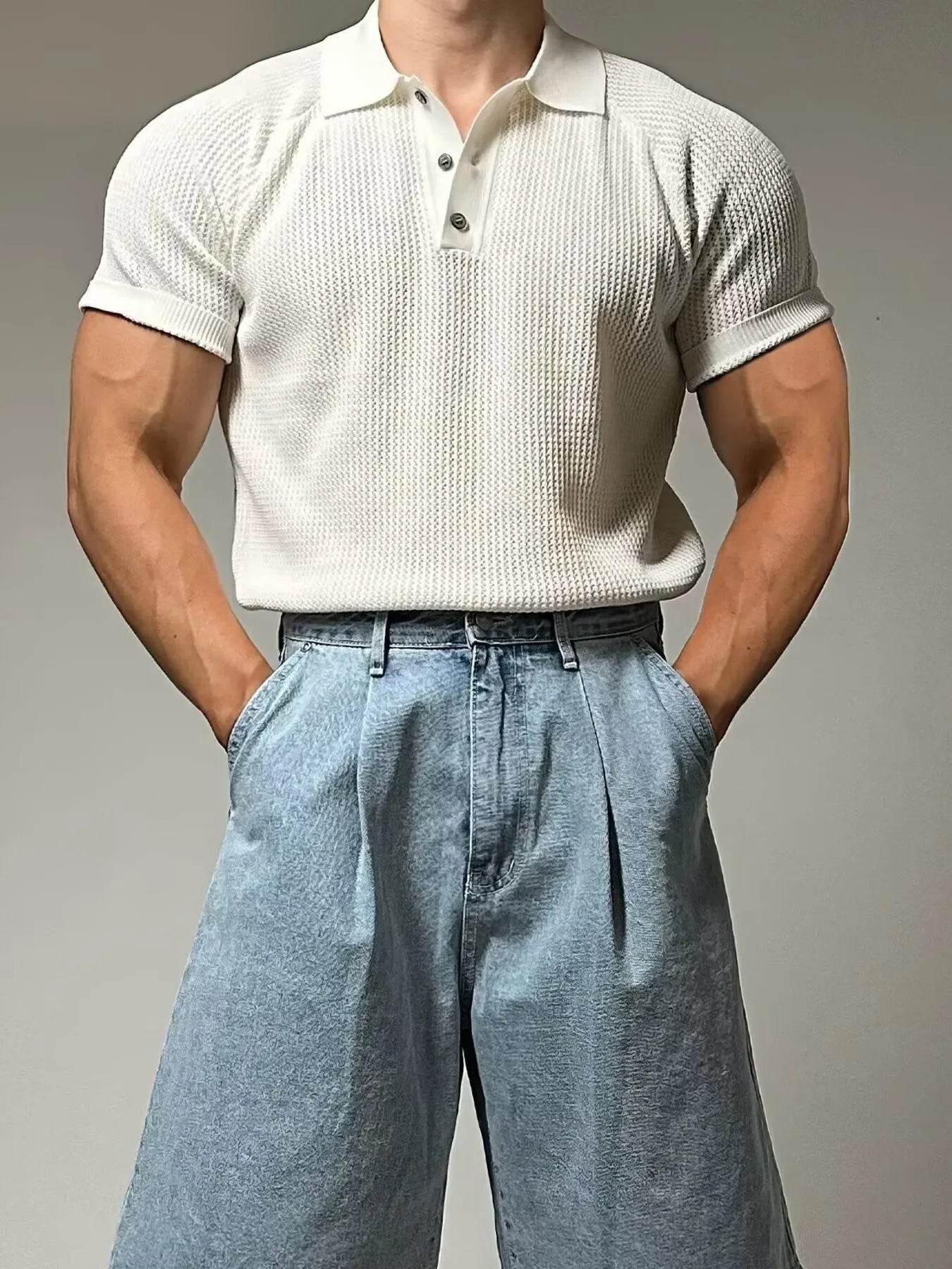 Polo texturé homme grande taille en blanc, avec boutons et manches courtes