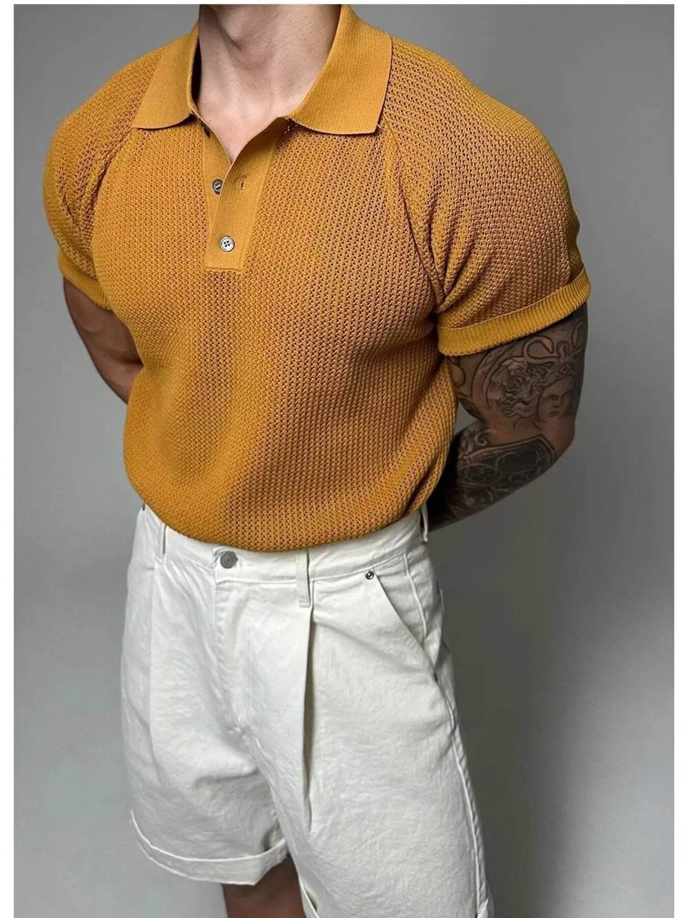 Polo texturé homme grande taille en jaune avec col classique et manches courtes