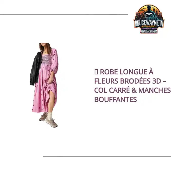🌺 Robe longue à fleurs brodées 3D – Col carré & manches bouffantes by@Outfy