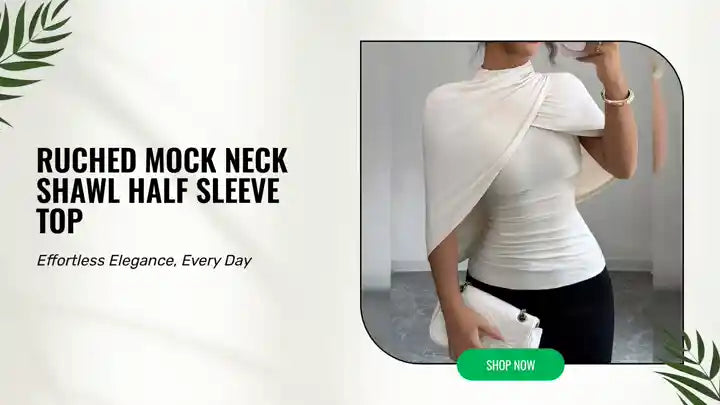 Ruched Mock Neck Shawl Half Sleeve Top by@Outfy