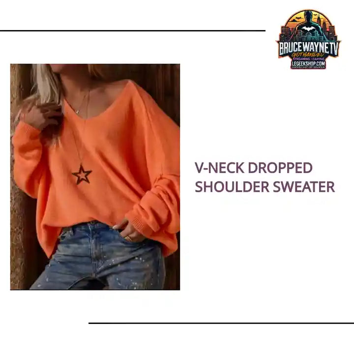 V-Neck Dropped Shoulder Sweater by@Outfy