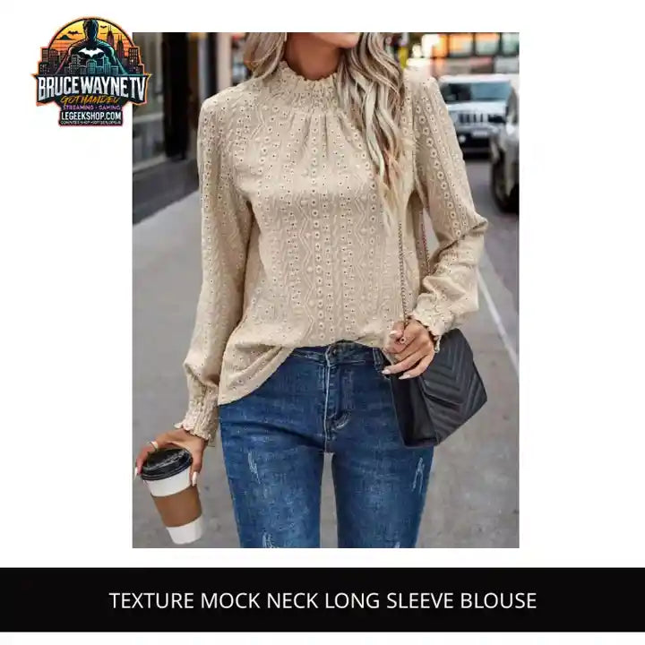 Texture Mock Neck Long Sleeve Blouse by@Outfy