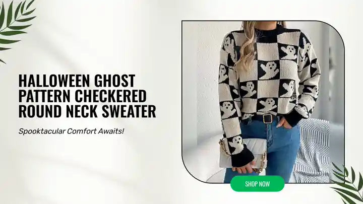 Halloween Ghost Pattern Checkered Round Neck Sweater by@Outfy