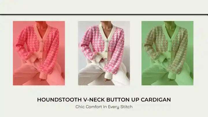 Houndstooth V-Neck Button Up Cardigan by@Outfy