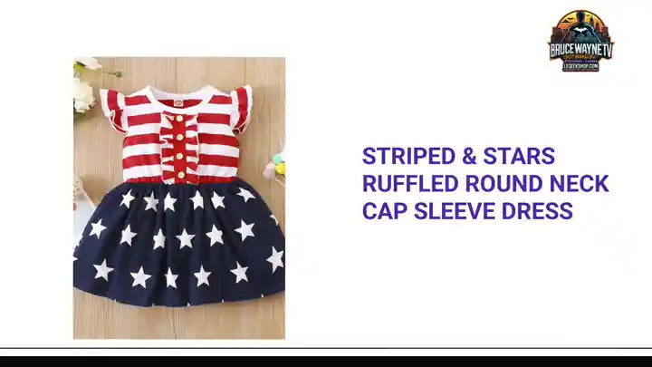 Striped & Stars Ruffled Round Neck Cap Sleeve Dress by@Outfy